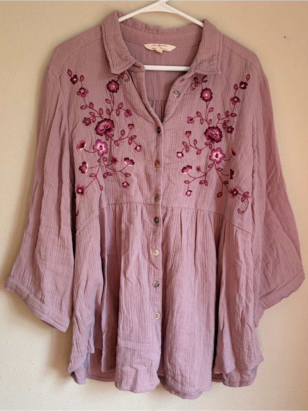 April Cornell Dusty Mauve Embroidered Button-Front Blouse